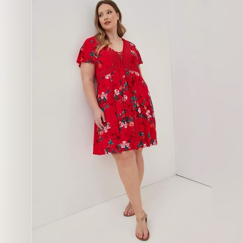 Torrid Red Mini Gauze Lace-Up Skater Dress Size 2x